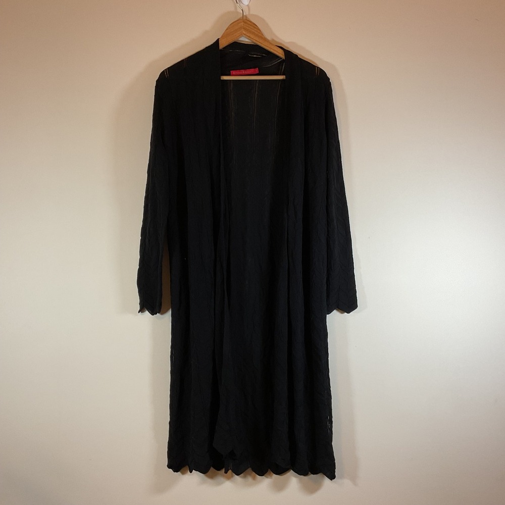 Krimson Klover Black Pointelle Knit Longline Open Cardigan Scalloped Hem Medium